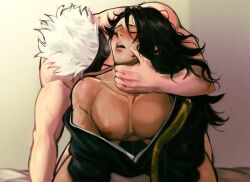 2boys all_fours androgynous arm_support black_blindfold black_hair black_robe blindfold blush breath closed_eyes collarbone cum getou_suguru gojou_satoru highres jujutsu_kaisen kiss kissing_neck large_pectorals long_hair male_focus male_penetrated multiple_boys nipples open_mouth pectorals robe sex short_hair single_bare_shoulder steffiepoo teeth upper_teeth_only white_hair yaoi