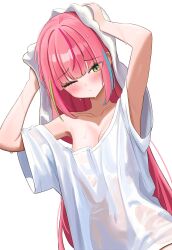 1girl absurdres armpit_peek arms_up blue_streaks blush breasts cleavage closed_mouth collarbone drying drying_hair dutch_angle green_eyes green_streaks hashtag-only_commentary highres long_hair looking_at_viewer multicolored_hair naked_shirt nanatsuki_nana navel no_bra off-shoulder_shirt off_shoulder one_eye_closed oversized_clothes oversized_shirt pink_hair raised_inner_eyebrows red_streaks see-through_clothes see-through_shirt shirt short_sleeves solo stellive straight_hair streaked_hair t-shirt towel upper_body very_long_hair virtual_youtuber water_drop wet wet_clothes wet_shirt white_shirt yeoun