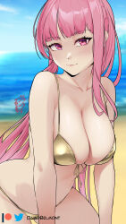 1girl alternate_costume alternate_hairstyle artist_name beach bikini blue_sky breasts cleavage cloud collarbone damobelmont day fire_emblem fire_emblem:_three_houses gold_bikini highres hilda_valentine_goneril large_breasts long_hair looking_at_viewer nintendo ocean outdoors pink_eyes pink_hair sky solo swimsuit thighs very_long_hair water