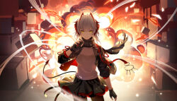 Rule 34 | 1girl, absurdres, antenna hair, arknights, black gloves, black jacket, black scarf, black skirt, controller, demon girl, demon horns, demon tail, detonator, explosion, explosion background, fingerless gloves, gloves, grey hair, highres, holding, holding remote control, horns, jacket, looking at viewer, morimori (14292311), open clothes, open jacket, red horns, red nails, remote control, scarf, shirt, skirt, smile, solo, tail, w (arknights), white shirt, yellow eyes