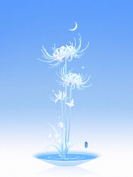 Rule 34 | blue background, bug, butterfly, crescent moon, flower, gradient background, huhv., insect, moon, no humans, original, plant, ripples, sky, spider lily, water, white butterfly, white flower