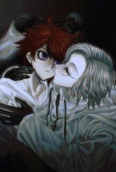 2boys absurdres aotsuki_eito black_background black_gloves black_hair blue_eyes closed_eyes glasses gloves highres kiss long_sleeves male_focus multicolored_eyes multicolored_hair multiple_boys parted_hair red_eyes red_hair simple_background sumino_takumi the_hundred_line_-last_defense_academy- upper_body yaoi
