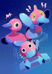 &gt;_&lt; animal_focus bird black_eyes commentary english_commentary evolutionary_line gen_1_pokemon gen_2_pokemon gen_4_pokemon horns looking_at_viewer night night_sky nintendo pokemon pokemon_(creature) porygon porygon-z porygon2 projecttiger single_horn sky star_(sky) starry_sky