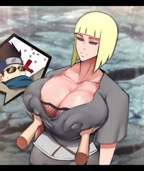 1boy 1girl blonde_hair breasts brown_hair clothes covered_erect_nipples disembodied_hand grabbing_another&#039;s_breast groping hetero highres huge_breasts hypnosis medium_hair mind_control naruto_(series) naruto_shippuuden rinnegan samui_(naruto) sarutobi_konohamaru strangehero sunglasses sweat