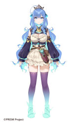 Rule 34 | 1girl, aqua shoes, blue eyes, blue hair, blue sleeves, breasts, cleavage, closed mouth, commentary request, copyright notice, dress, dullahan, frilled dress, frills, full body, gradient thighhighs, highres, horns, long hair, long sleeves, nail polish, official art, prism project, puffy long sleeves, puffy sleeves, purple nails, purple thighhighs, rikudou yura, shoes, simple background, smile, solo, standing, striped sleeves, symbol-shaped pupils, thighhighs, tiara, virtual youtuber, weapon, white background, white dress, x-shaped pupils, yaman