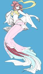 Rule 34 | 1girl, bikini, blue background, commentary request, eyelashes, full body, hagoromo, half updo, highres, looking to the side, mermaid, monster girl, navel, one piece, pink hair, shawl, shirahoshi, sidelocks, simple background, solo, swept bangs, swimsuit, tenteko mm, yellow bikini