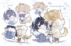 Rule 34 | animal ears, arknights, bird, bird girl, black hair, blue jacket, blue scarf, brown jacket, brown pants, character name, cheek poking, closed eyes, commentary, dog, dog boy, dog ears, dog tail, duck, english commentary, english text, fur-trimmed jacket, fur trim, hair between eyes, hair intakes, hair ornament, hairband, hairclip, hand up, jacket, la pluma (arknights), looking at another, looking down, looking up, open clothes, open jacket, open mouth, pants, poking, ribbon, scarf, scarf tying, shoes, smile, snow, snow animal, snow on head, snowing, step-siblings, tail, tequila (arknights), uji n, walking, watermark, white background, white hairband, white ribbon, white scarf, white shoes