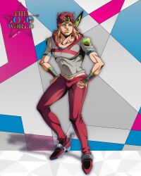 1boy anime_coloring araki_hirohiko_(style) beanie commentary english_commentary feathers full_body genda_art grey_eyes grey_hoodie grey_sleeves hands_on_own_hips hat heart_ornament highres hood hood_down hoodie horse_print horseshoe_hat_ornament horseshoe_ornament johnny_joestar jojo_no_kimyou_na_bouken logo makeup male_focus medium_hair official_style pants pink_hair red_hat red_pants red_sleeves solo spurs standing star_(symbol) star_print steel_ball_run two-tone_sleeves wristband yellow_lips