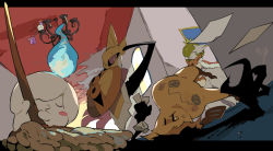 1girl @_@ aegislash alternate_color anger_vein angry apios black_eyes black_sclera blank_eyes blue_fire blush blush_stickers bob_cut bright_pupils cape chandelier cleaning clenched_hand closed_eyes closed_mouth clothed_pokemon colored_sclera crown crumpled_paper duster dutch_angle eevee female_focus fire floating fur-trimmed_cape fur_trim gardevoir gen_1_pokemon gen_3_pokemon gen_5_pokemon gen_6_pokemon gen_7_pokemon green_hair hair_over_one_eye highres holding holding_duster holding_mop holding_paper holding_pokemon indoors letterboxed litwick looking_at_another looking_down mega_gardevoir mega_pokemon mimikyu mop nintendo o3o one-eyed open_mouth outside_border paper pokemon pokemon_(creature) purple_eyes purple_fire red_cape shield shiny_pokemon short_hair standing sweat sword tears weapon white_pupils yellow_eyes yellow_headwear