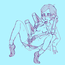 1girl aqua_background blue_background female_ejaculation highres inside_job reagan_ridley saliva spread_legs tagme torture0606