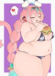 Rule 34 | 1girl, animal print, aqua hair, bandaid, bandaid hair ornament, belly, bikini, blush, braid, breasts, burger, cleavage, closed eyes, cow print, cow print bikini, drooling, fat, fat woman, food, from side, genshin impact, hair ornament, hairband, hands on own chest, heart, holding, holding food, horns, large breasts, long hair, multicolored hair, nantekottai25, navel, open mouth, pink hair, plump, print bikini, purple background, skindentation, solo, spoken heart, standing, swimsuit, tail, thick arms, thick thighs, thighs, varesa (genshin impact), very long hair