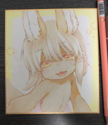 1other :3 animal_ears art_tools_in_frame bob_cut border brown_fur commentary_request eyes_visible_through_hair furry highres hitosoroi inverted_bob light_brown_hair looking_at_viewer made_in_abyss medium_hair nanachi_(made_in_abyss) open_mouth orange_eyes other_focus outside_border pants photo_(medium) pink_pants shikishi smile solo tail topless_other traditional_media upper_body whiskers white_background yellow_border
