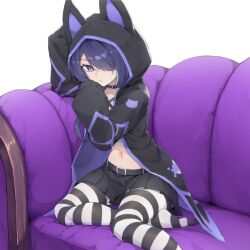 absurdres acheron_(honkai:_star_rail) alternate_costume animal_ear_hood black_choker black_jacket black_skirt choker commission crop_top fake_animal_ears hair_over_one_eye highres honkai:_star_rail honkai_(series) hood hooded_jacket jacket kiauwrenn long_sleeves midriff miniskirt navel no_shoes pantyhose pleated_skirt purple_eyes purple_hair second-party_source sitting skirt striped_clothes striped_pantyhose transparent_background