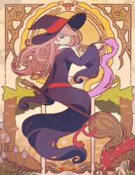 1girl art_nouveau broom broom_riding commentary dress english_commentary eyeliner hair_over_one_eye hat highres little_witch_academia long_hair luna_nova_school_uniform makeup monstuwitos mushroom pink_hair purple_dress purple_hat school_uniform solo sucy_manbavaran witch witch_hat