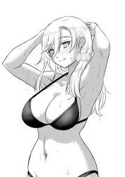 1girl armpits arms_behind_head bikini breasts cleavage closed_mouth collarbone commentary_request greyscale hair_ornament hair_scrunchie highres kuzuryuu_hanako large_breasts long_hair looking_at_viewer monochrome navel scrunchie simple_background smile sogabe_toshinori solo split_mouth stomach swimsuit upper_body wet white_background yankee_jk_kuzuhana-chan