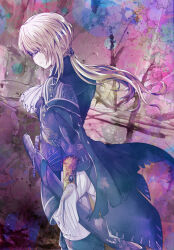 1girl absurdres ascot blue_coat coat commentary_request cowboy_shot duchess_(elden_ring) dutch_angle elden_ring elden_ring_nightreign eye_mask from_side gem gloves hat_over_eyes highres long_hair long_sleeves ponytail pumtedayo purple_gemstone sheath sheathed solo white_ascot white_gloves