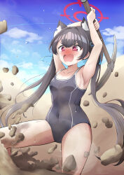Rule 34 | 1girl, absurdres, angry, animal ear fluff, animal ears, armpits, arms up, beach, black one-piece swimsuit, blue archive, blue sky, blush, breasts, cloud, commentary request, competition school swimsuit, covered navel, day, drawing rak, fang, foreclosure task force (blue archive), hair ribbon, halo, highres, holding, holding pickaxe, long hair, one-piece swimsuit, open mouth, outdoors, pickaxe, red halo, ribbon, rock, sand, school swimsuit, serika (blue archive), sky, small breasts, solo, standing, swimsuit, twintails, v-shaped eyebrows, wavy mouth, wet