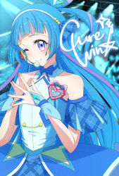 Rule 34 | 1girl, ;), absurdres, blue bow, blue bowtie, blue hair, bow, bowtie, brooch, character name, commentary, cure wink, detached collar, hair bun, heart, heart brooch, highres, jagili noe, jewelry, kimi to idol precure, long hair, looking at viewer, magical girl, multicolored hair, one eye closed, own hands together, plaid armband, plaid clothes, plaid sleeves, precure, purple eyes, purple hair, purple streaks, smile, solo, two-tone hair, upper body, wrist cuffs