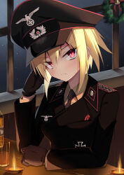 1girl absurdres blonde_hair brown_gloves candle christmas_ornaments cross cup drinking_glass epaulettes gloves hat head_rest highres indoors iron_cross jiseki_rena looking_at_viewer military_dress_uniform military_uniform nazi necktie original peaked_cap red_eyes reichsadler rena_(jiseki_rena) short_hair solo table totenkopf tsurime white_background window wooden_table