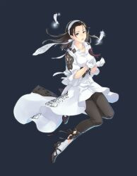 1girl absurdres black_pants blue_background brown_eyes brown_hair crying dress feathers full_body gloves hairband highres kazama_jun long_hair looking_at_viewer namco non-web_source official_art pants parted_lips sagara_hiromi simple_background solo tekken tekken_2 tekken_8 tekken_tag_tournament tekken_tag_tournament_2 white_dress white_feathers white_gloves white_hairband.