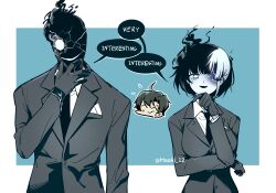 1boy 1girl absurdres arm_under_breasts black_gloves black_hair black_necktie black_suit black_suit_(blue_archive) blue_archive blue_archive_the_animation blue_background chibi chibi_inset collared_shirt commentary dual_persona english_text flying_sweatdrops formal_clothes genderswap genderswap_(mtf) gloves glowing glowing_eye hair_over_one_eye hand_on_own_chin highres long_sleeves looking_at_viewer maaki12 multicolored_hair muted_color necktie romaji_commentary sensei_(blue_archive) sensei_(blue_archive_the_animation) shirt simple_background smile speech_bubble split-color_hair suit sweatdrop twitter_username two-tone_background two-tone_hair upper_body watermark white_background white_hair white_shirt