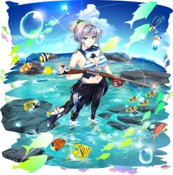 1girl alternate_costume alternate_hairstyle animal_print bikini bikini_top_only black_wetsuit blue_bikini blue_eyes blue_sky bodysuit bodysuit_around_waist bow braid breasts character_print cleavage cloud clownfish day diving_suit fish fish_print fish_request flippers game_cg glint goggles goggles_around_neck grey_hair hairstyle_request harpoon harpoon_gun highres izayoi_sakuya knife lens_flare lightning_bolt_symbol navel official_art outdoors remilia_scarlet rock rotte_(1109) sky solo sparkle striped_bikini striped_clothes swimsuit third-party_source touhou touhou_lostword transparent_background twin_braids wading waves wetsuit white_bikini
