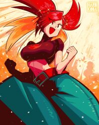 1girl absurdres artist_logo belt black_shirt breasts clenched_hands flannery_(pokemon) hardkoba highres logo midriff navel nintendo open_mouth pants pokemon pokemon_rse red_eyes red_hair shirt smile solo sparkle
