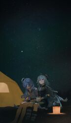 2girls absurdres beanie black_hat black_jacket black_skirt blue_hair blue_sailor_collar bow bowtie cable cable_tail camping commentary cup english_commentary green_hair hair_between_eyes halo hat headgear highres holding holding_cup jacket long_hair mechanical_tail mug multiple_girls night night_sky original outdoors parted_lips purple_eyes reset sailor_collar scenery shirt sitting skirt sky star_(sky) starry_sky tail tent white_shirt wide_shot yellow_bow yellow_bowtie