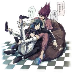 3boys ahoge bean_bag_chair black_hair checkered_clothes checkered_scarf commentary_request controller danganronpa_(series) danganronpa_v3:_killing_harmony facial_hair flipped_hair goatee grabbing_another&#039;s_shoulder hair_between_eyes holding holding_another&#039;s_leg holding_remote_control jacket legs_up long_sleeves male_focus momota_kaito multiple_boys oma_kokichi on_lap open_mouth pants purple_facial_hair purple_hair remote_control saihara_shuichi scarf shirt short_hair simple_background sitting slippers speech_bubble spiked_hair sweatdrop tile_floor tiles translation_request two-tone_scarf yayuyo_(kana_toco) yellow_eyes