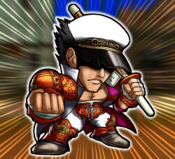 Rule 34 | 1boy, action lines, alternate color, armor, bahn, bandaged chest, bandaged hand, black hair, bukkake, chibi, clenched hands, cum, fighting vipers, hat, hat over eyes, hidden eyes, jacket, muscular, muscular male, open clothes, open jacket, sega, short hair, shoulder armor, spiked hair, toothpick, westmaison, white jacket