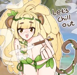 Rule 34 | 1girl, absurdres, animal ears, bananajuju, bikini, blonde hair, brown eyes, brown tail, cigar, dreadlocks, english text, fluffans, freckles, highres, holding, holding cigar, indie virtual youtuber, leaf bikini, long hair, looking at viewer, monkey ears, monkey girl, monkey tail, open mouth, plant clothing, smoke, solo, swimsuit, tail, virtual youtuber