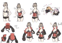 3girls aiguillette azur_lane belt black_bra black_jacket black_shorts blush bow bra breasts brown_hair camera cleavage closed_eyes collarbone corset gloves hair_between_eyes hair_bow half_gloves hands_on_own_hips hatski.sin heart high_ponytail highres holding holding_camera jacket jean_bart_(azur_lane) long_hair long_sleeves medium_breasts midriff multiple_girls multiple_views panties ponytail red_gloves short_shorts shorts simple_background sparkle underwear very_long_hair white_background