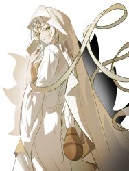 1girl chinese_clothes cookie_run cookie_run:_kingdom diamond_(gemstone) highres kong2279 long_sleeves looking_at_viewer mystic_flour_cookie pale_skin robe veil white_hair white_robe white_veil wide_sleeves