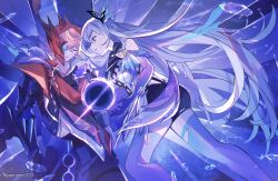 1boy 1girl bare_shoulders black_hole butterfly_hair_ornament closed_eyes commentary_request detached_sleeves expressionless genshin_impact gloves gradient_gloves gradient_legwear gradient_sleeves grey_hair hair_between_eyes hair_ornament highres kukatsuma long_hair long_sleeves mask official_alternate_costume orange_hair pink_eyes purple_sleeves red_mask skirk_(genshin_impact) tartaglia_(foul_legacy_transformation)_(genshin_impact) tartaglia_(genshin_impact) thighs unconscious very_long_hair