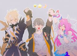 Rule 34 | 1girl, 2boys, arm ribbon, arm up, arms up, artist name, bare shoulders, belt, black coat, black gloves, blonde hair, blue ribbon, blush, bodysuit, breasts, caelus (honkai: star rail), closed eyes, coat, collarbone, commentary, cowboy shot, crescent, cyrene (honkai: star rail), dress, emoji, fingerless gloves, gauntlets, gloves, grey background, grey belt, grey hair, hair between eyes, hair ribbon, happy, highres, holding hands, honkai: star rail, honkai (series), hood, hooded coat, long hair, long sleeves, medium breasts, multiple boys, nail polish, off-shoulder dress, off shoulder, official alternate costume, official alternate eye color, official alternate hair color, official alternate hairstyle, open clothes, open coat, open mouth, orange coat, phainon (honkai: star rail), phainon (khaslana) (honkai: star rail), pink hair, pink nails, purple bodysuit, ribbon, shirt, short hair, short sleeves, simple background, smile, soulsk530, standing, star (symbol), sun symbol, symbol-only commentary, t-shirt, teeth, trailblazer (honkai: star rail), two-sided coat, two-sided fabric, veil, white dress, white ribbon, white shirt, white veil, wristband