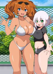 Rule 34 | 2girls, bikini, black shirt, black shorts, blue eyes, breasts, brown hair, chain-link fence, cowboy shot, eyewear on head, feet out of frame, fence, green eyes, highres, kinako mochi (pixiv100419090), large breasts, long hair, looking at viewer, multiple girls, navel, original, shirt, short hair, short shorts, shorts, siblings, sisters, smile, sunglasses, swimsuit, tan, twintails, white bikini, white hair