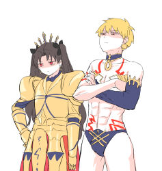 1boy 1girl abs armor bandeau black_choker black_hair blonde_hair breastplate choker commentary_request cosplay costume_switch crossdressing crossed_arms detached_sleeves fate/grand_order fate_(series) gauntlets gilgamesh_(fate) gilgamesh_(fate)_(cosplay) gold_armor himeko_(nico6v6pachi) hoop ishtar_(fate) ishtar_(fate)_(cosplay) light_frown male_swimwear midriff_peek red_eyes shaded_face single_detached_sleeve swim_briefs toned toned_male two_side_up white_bandeau