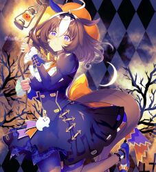 Rule 34 | 1girl, ahoge, back bow, bad id, bad twitter id, bare tree, black dress, bow, brown hair, closed mouth, commentary, cowboy shot, dress, frilled sleeves, frills, ghost ornament, grey pantyhose, hairband, halloween, halloween costume, hat, holding, holding lantern, huge bow, inactive account, juliet sleeves, lantern, long sleeves, looking at viewer, medium hair, meisho doto (dot-o&#039;-lantern) (umamusume), meisho doto (umamusume), multicolored hair, official alternate costume, orange bow, orange headwear, outdoors, pantyhose, puffy sleeves, purple hairband, purple shoes, quatraise, shoes, short dress, smile, solo, standing, symbol-only commentary, tree, twitter username, two-tone hair, umamusume, white hair