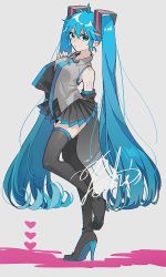 1girl aqua_necktie arm_at_side bare_shoulders black_skirt black_thighhighs blue_eyes blue_hair blue_nails blue_necktie blush breasts collared_shirt colored_eyelashes curly_hair detached_sleeves eyelashes female_focus fingernails frown full_body grey_background grey_shirt hair_between_eyes hand_on_own_chest hand_up hatsune_miku heart heart_background highres jitome leg_up long_hair looking_at_viewer medium_breasts nail_polish necktie number_tattoo pecchii pink_background pleated_skirt pout shirt shoe_soles shoulder_tattoo signature simple_background skindentation skirt sleeveless sleeveless_shirt sleeves_past_fingers sleeves_past_wrists solo standing standing_on_one_leg tattoo thighhighs twintails two-tone_background very_long_hair vocaloid zettai_ryouiki
