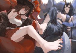 Rule 34 | 2girls, antlers, azur lane, bare shoulders, barefoot, between toes, black dress, black hair, black hat, black nails, blue eyes, breasts, brown hair, chinese commentary, commentary request, dress, feet, foot focus, golden hind (azur lane), hair between eyes, hair on horn, hat, highres, horns, large breasts, light blush, multiple girls, nail polish, oshin0 (zheng), pirate, pirate costume, pirate hat, red eyes, red nails, royal fortune (azur lane), sitting, skirt, sleeveless, sleeveless dress, smile, soles, spread toes, tentacle hair, tentacles, toenail polish, toenails, toes, torn clothes, torn skirt