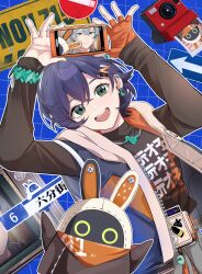 1boy 1girl belle_(zenless_zone_zero) blue_hair blush breasts brown_jacket brown_shirt earrings eous_(zenless_zone_zero) fingerless_gloves gloves green_eyes hair_between_eyes hair_ornament highres jacket jewelry letter_hair_ornament long_sleeves necklace open_mouth orange_gloves shiba_(tonari_no_shiba_inu) shirt short_hair single_fingerless_glove smile wise_(zenless_zone_zero) zenless_zone_zero