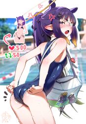 1girl adjusting_clothes adjusting_swimsuit anger_vein arrow_(symbol) ass bag bare_arms bare_shoulders blue_one-piece_swimsuit blurry blurry_foreground blush breasts character_hair_ornament commentary_request competition_swimsuit cowboy_shot duffel_bag eyepatch fang from_side gradient_hair hair_ornament halo highres hololive hololive_english leaning_forward like_and_retweet long_hair looking_at_viewer medical_eyepatch multicolored_hair ninomae_ina&#039;nis notice_lines one-piece_swimsuit open_mouth orange_hair pointy_ears ponytail pool purple_eyes purple_hair short_eyebrows sidelocks small_breasts standing swimsuit takodachi_(ninomae_ina&#039;nis) tenchi_mayo tentacle_hair thick_eyebrows traditional_halo twitter_strip_game v-shaped_eyebrows very_long_hair virtual_youtuber water_drop wet whistle whistle_around_neck yellow_halo