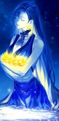 Rule 34 | 1girl, bare arms, bare shoulders, blue dress, breasts, cleavage, closed eyes, collarbone, cowboy shot, crescent, crescent earrings, crescent moon, dress, earrings, final fantasy, final fantasy vii, final fantasy vii remake, gold earrings, holding, holding star, jewelry, large breasts, light particles, long hair, minatoyatonami, moon, neck ribbon, night, night sky, official alternate costume, parted lips, partially submerged, ribbon, sky, sleeveless, sleeveless dress, solo, star (symbol), tifa lockhart, tifa lockhart (refined dress), very long hair, water