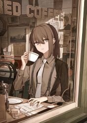Rule 34 | 1girl, absurdres, analog clock, blue eyes, bottle, brown hair, brown shirt, cafe, calendar (object), clock, coffee pot, collared shirt, commentary request, cup, ear piercing, english text, hair between eyes, hair intakes, hand on table, hand up, highres, holding, holding cup, indoors, light particles, long sleeves, looking to the side, medium hair, necktie, newspaper, original, parted lips, photo (object), piercing, plate, poster (object), radio, shirt, sidelocks, sitting, solo, sunlight, suspenders, table, tamitami, teacup, tie clip, white necktie, window, wing collar