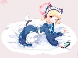 1girl ;d absurdres animal_ear_headphones animal_ears apron artist_name back_bow black_dress black_tail blonde_hair blue_archive blush bow cat_ear_headphones cat_ears cat_tail chinese_commentary collared_dress commentary_request contrast_collar dated dress fake_animal_ears fake_tail feet_up frilled_apron frilled_dress frills full_body hair_bow halo handheld_game_console headphones highres holding holding_handheld_game_console long_sleeves looking_at_viewer lying maid maid_apron maid_headdress medium_hair momoi_(blue_archive) momoi_(maid)_(blue_archive) no_shoes number_print official_alternate_costume official_alternate_hairstyle on_stomach one_eye_closed open_mouth pantyhose pink_background pink_bow pink_eyes pink_halo puffy_long_sleeves puffy_sleeves rug short_twintails sidelocks simple_background smile solo southernsandbox sparkle tail the_pose twintails v-shaped_eyebrows virtual_pet_(toy) white_apron white_bow white_headdress white_pantyhose