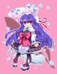 ajitarou_(setsu) belt_ribbon black_skirt blue_hair boots emil_chronicle_online frilled_skirt frills long_hair mitama_mikoto open_mouth pantyhose purple_eyes rabbit_ear_headwear red_ribbon ribbon skirt snowflakes