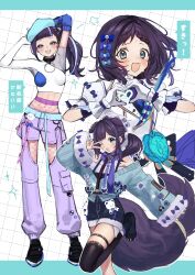 1girl :d ;d absurdres aiba_uiha aiba_uiha_(1st_costume) aiba_uiha_(2nd_costume) animal_ear_piercing animal_ears aqua_belt aqua_eyes aqua_hair aqua_headwear arms_behind_head arms_up asymmetrical_sidelocks asymmetrical_sleeves belt beret black_collar black_footwear black_thighhighs blazer blue_bow blue_shorts blunt_bangs blush bow braid braided_bangs breasts cable_knit cardigan chaps collar commentary_request crop_top denim denim_shorts dog_ears dog_tail dotted_background dotted_line dress_bow dress_flower multiple_expressions fishnet_pantyhose fishnets flower framed_breasts frilled_wristband fringe_trim fur_trim gloves grid_background hair_bow hair_ornament hand_up hat hat_bow heart heart_hands highres idol jacket jewelry leg_up legs_folded looking_at_viewer medium_hair midriff mismatched_sleeves mole mole_under_eye multicolored_hair multiple_hair_bows navel nijisanji o-ring off_shoulder_cardigan one_eye_closed open_mouth outstretched_arms pantyhose parted_bangs phzimi000 pink_rope pom_pom_(clothes) pom_pom_hair_ornament puffy_short_sleeves puffy_sleeves purple_bow purple_hair purple_scarf purple_shorts ring rope scarf shirt shoes short_shorts short_sleeves shorts side_ponytail sidelocks single_braid single_thighhigh sleeve_bow sleeves_past_wrists small_breasts smile sneakers standing standing_on_one_leg streaked_hair suspender_shorts suspenders sweat tail teddy_bear_ornament teeth thigh_belt thigh_strap thighhighs translation_request twintails uneven_sleeves upper_teeth_only v variations virtual_youtuber white_background white_gloves white_headwear white_jacket