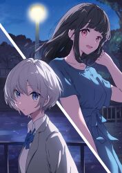 2girls absurdres black_hair blue_dress blue_eyes blue_sky collarbone commentary_request dress expressionless grey_hair grey_jacket highres jacket kodamazon lamppost long_hair long_sleeves looking_at_viewer multiple_girls night original railing red_eyes school_uniform second-party_source shirt short_hair sidelocks sky smile star_(sky) tree white_shirt