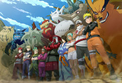 2girls 3d 6+boys absurdres aqua_hair beard bike_shorts black_shorts blonde_hair blue_eyes brown_eyes brown_hair choumei_(naruto) crossed_arms dark_skin day demon facial_hair facial_mark from_below full_body fuu_(naruto) gaara_(naruto) groin gyuuki_(naruto) hair_over_one_eye han_(naruto) headband highres isobu_(naruto) karatachi_yagura killer_bee kokuou_(naruto) kurama_(naruto) lens_flare matatabi_(naruto) midriff multiple_boys multiple_girls naruto_(series) naruto_shippuuden navel nii_yugito orange_pants outdoors pants red_hair roushi_(naruto) saiken_(naruto) shorts shorts_under_skirt shukaku_(naruto) silver_hair skirt son_gokuu_(naruto) spiked_hair standing stomach utakata_(naruto) uzumaki_naruto white_skirt