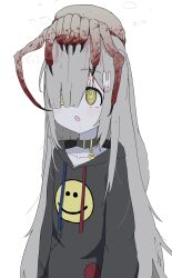 1girl @_@ animal_collar arms_at_sides black_hoodie bleeding blood_from_forehead blood blunt_bangs blush breath collar collarbone creature_on_head drooling floppy_ears grey_hair hair_ornament hair_over_one_eye half-life_(series) headcrab highres hood hood_down hoodie long_hair long_sleeves looking_up open_mouth original oyasu_miyo rabbit_hair_ornament simple_background solo standing upper_body vreparty white_background